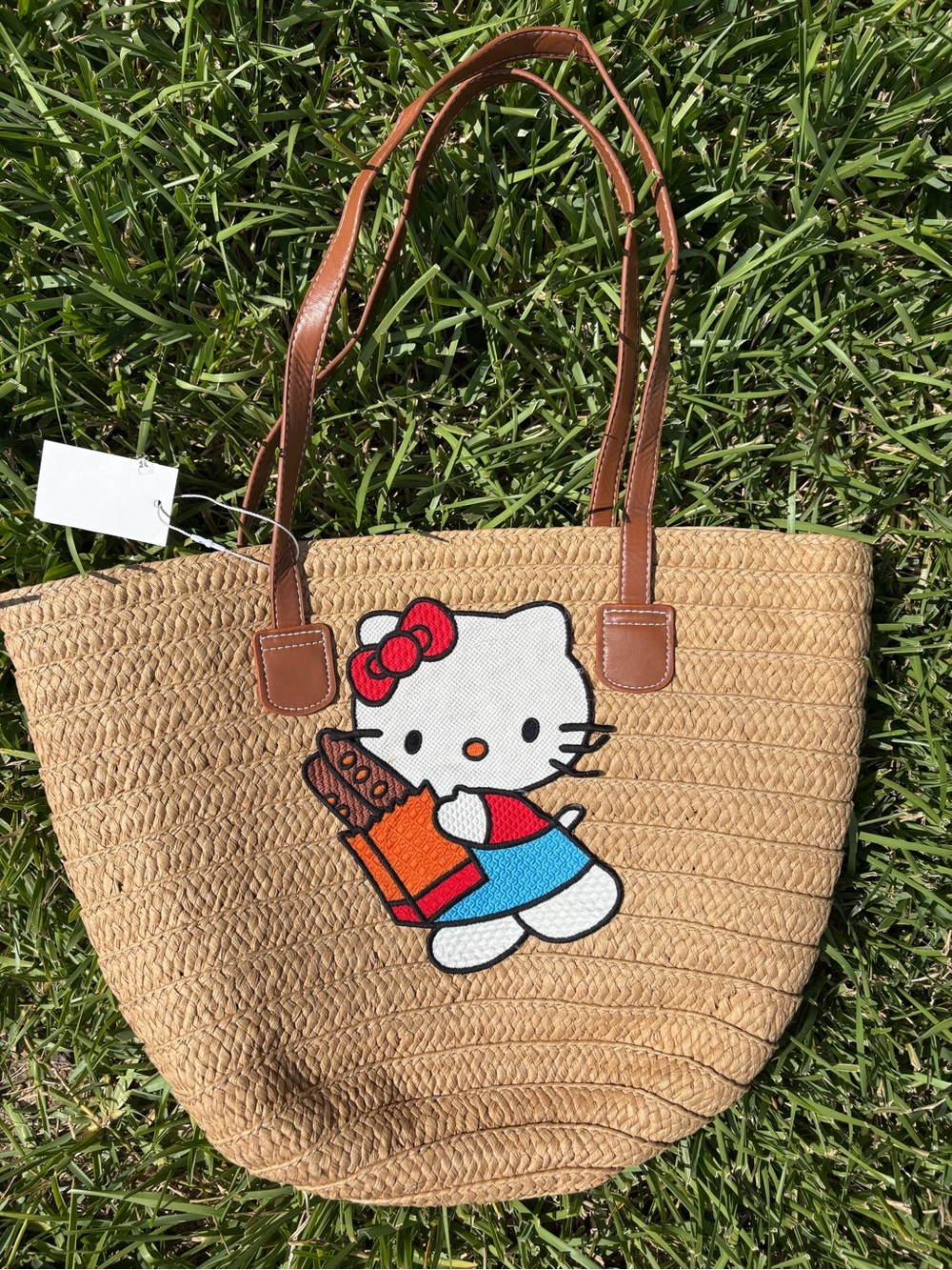 Hello Kitty Straw Tote with Red, Blue and Orange Embroidered Patch